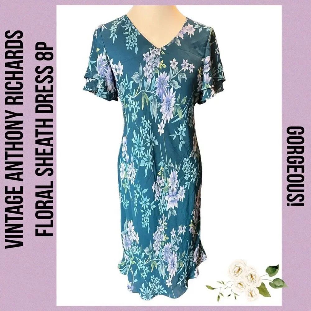 Anthony Richards Women's Teal Green Floral Semi-Sheer Tiered-Sleeve Dress Petite